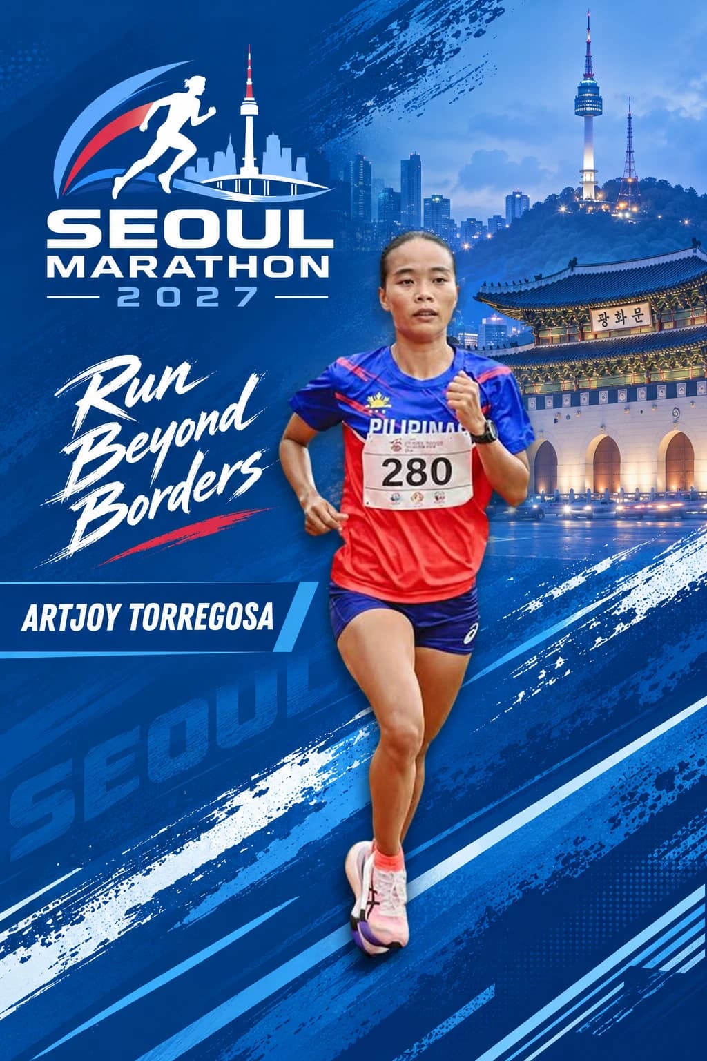 Artjoy Torregosa running in a Pilipinas singlet in front of Gwanghwamun Gate